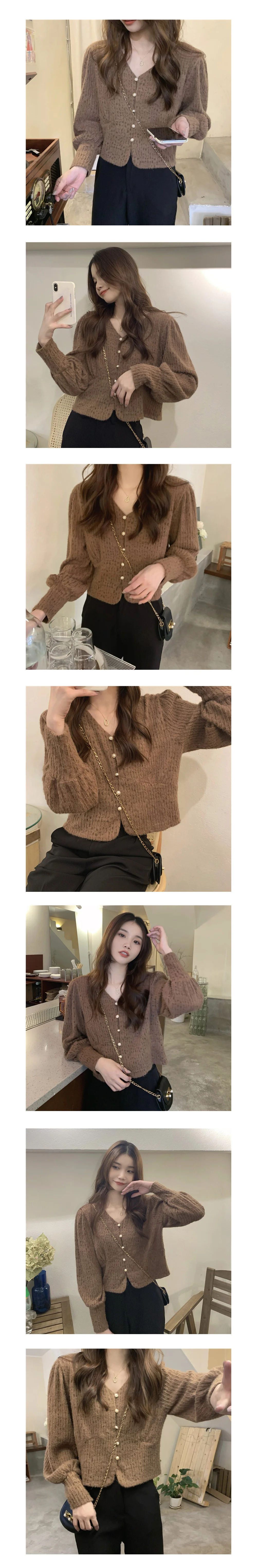 여리핏 레이스 퍼프 브이넥 진주 가디건 블라우스 시보리가디건 퍼프가디건 상세2
