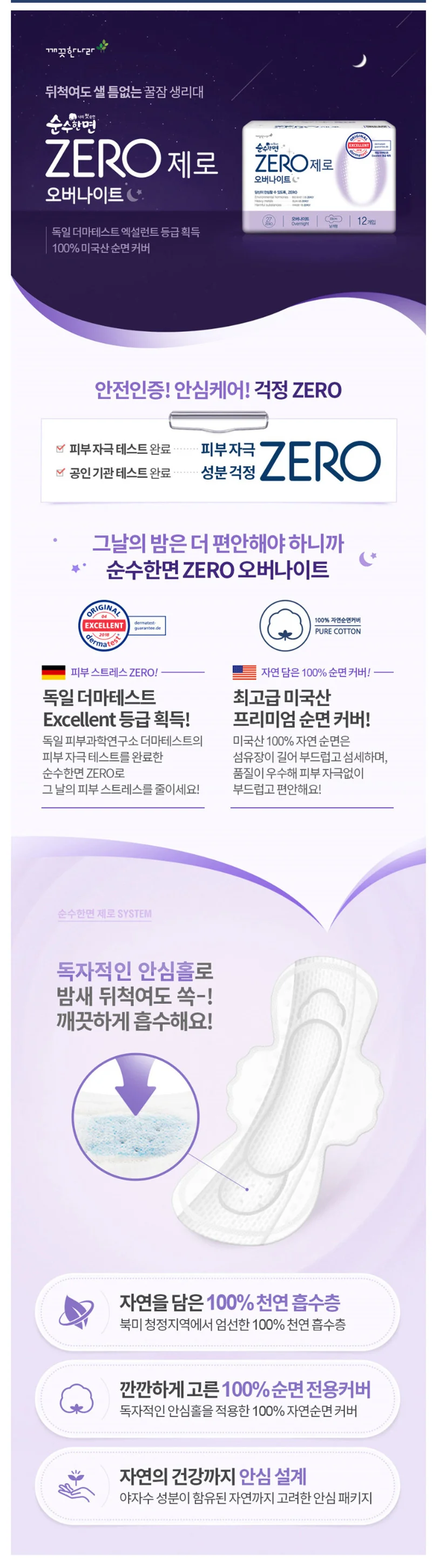 깨끗한나라)순수한면ZERO(오버나이트수퍼롱/12P) 상세1