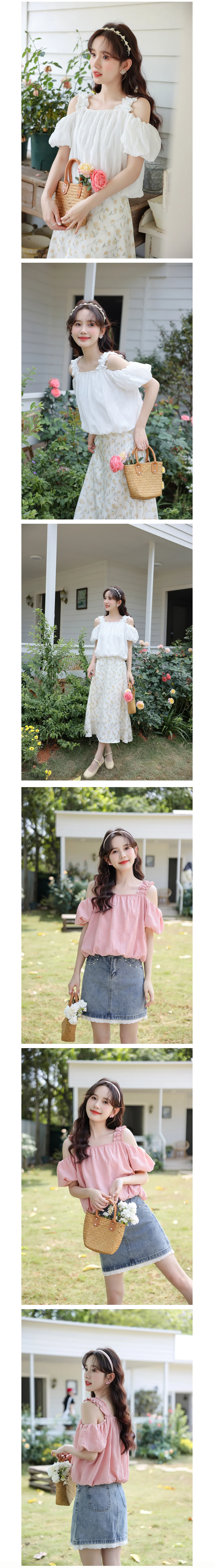 오프숄더 퍼프 여름 반팔 여성 민소매 나시 블라우스 상세2