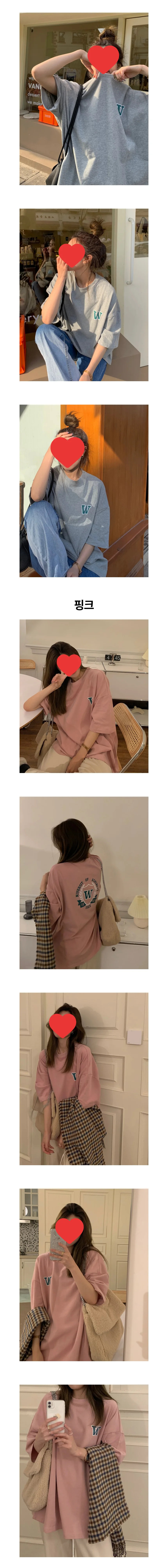 W 레터링 7부 오버핏 박스티 반팔 티셔츠 페미닌룩 데일리룩 상세3
