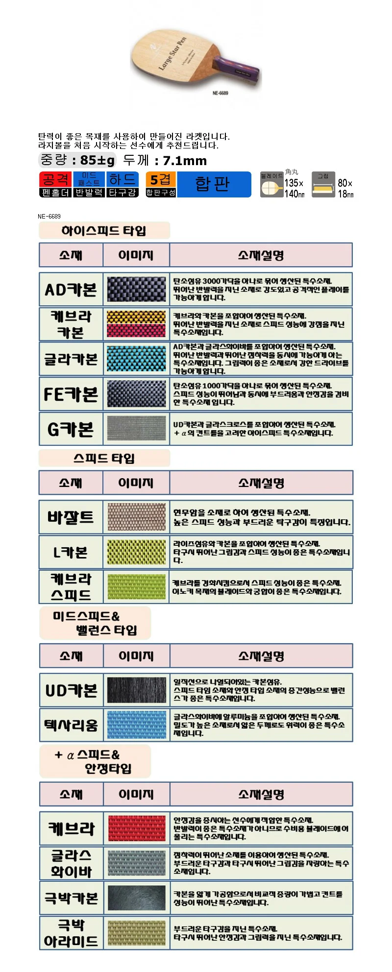 닛타쿠 라지 스타 펜 탁구라켓 라지볼용 탁구채 상세2
