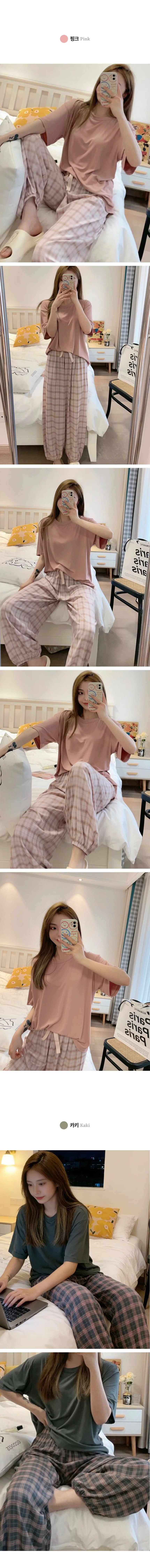 하이뷰 3093 하론 체크 파자마 반팔 긴바지 홈웨어 잠옷 상세2