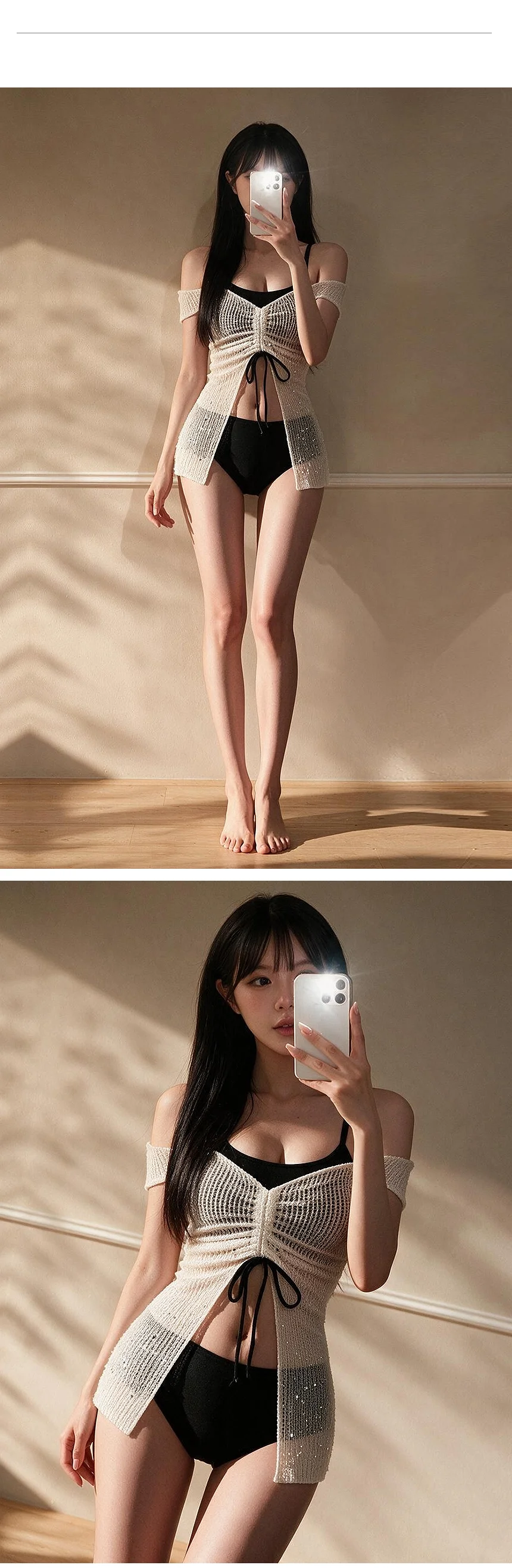 네이럴그물비키니 커버업세트 3PC수영복 오프나시 상세2