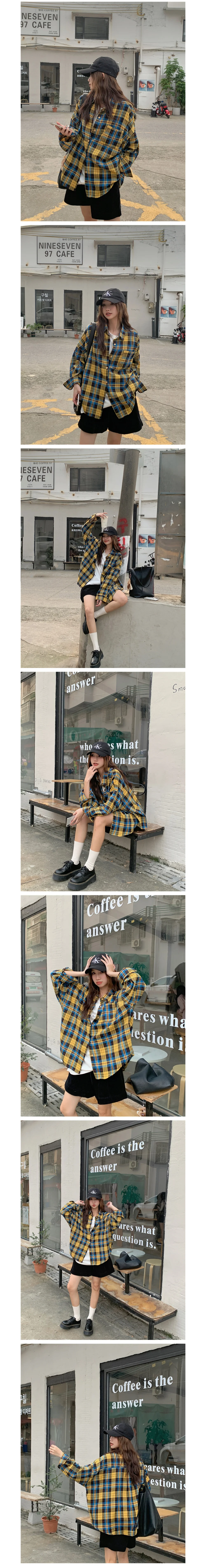 웰로우 오버핏 체크 카라 남방 긴팔 셔츠 루즈핏셔츠 가디건 상세2