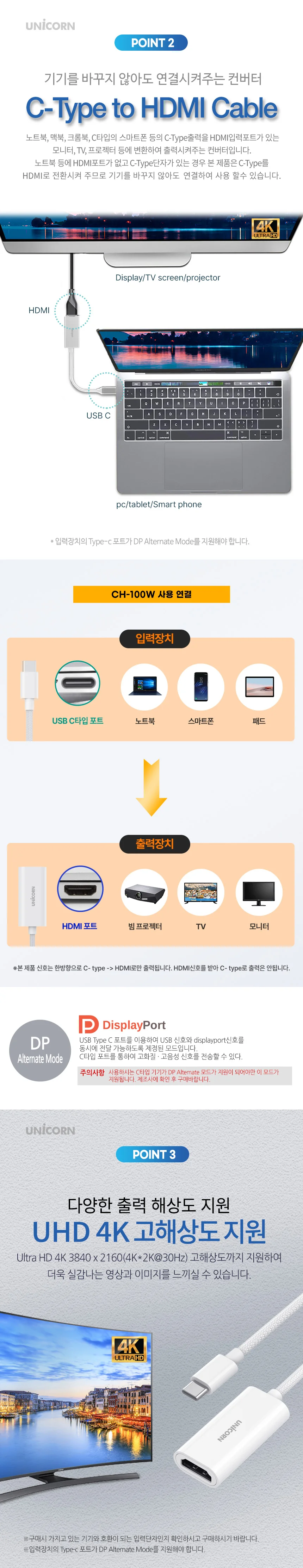 유니콘 USB Type-C to HDMI 변환젠더 컨버터 4K ULTRA HD 미러링 CH-100W 상세2