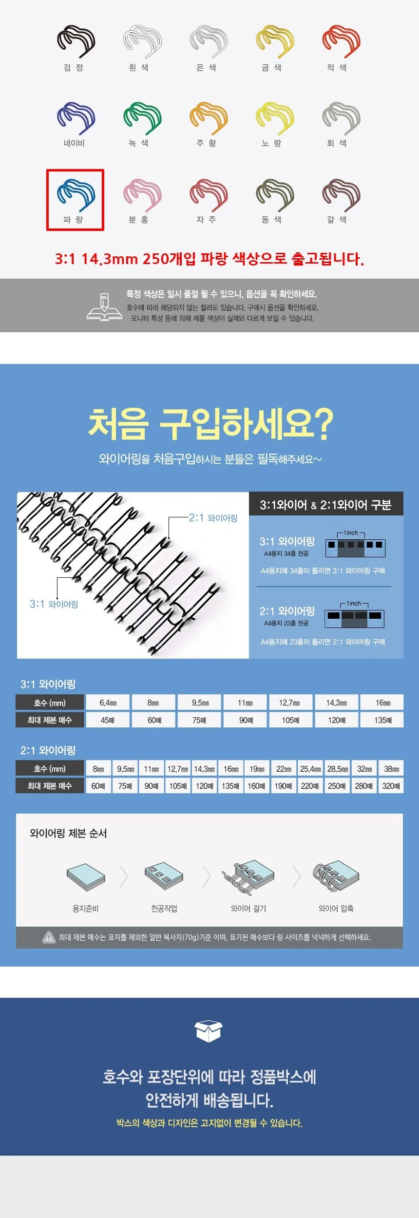 제본 스프링 와이어링 철 3대1 14.3mm 250개 블루 메탈스프링 메탈링 철스프링 상세3