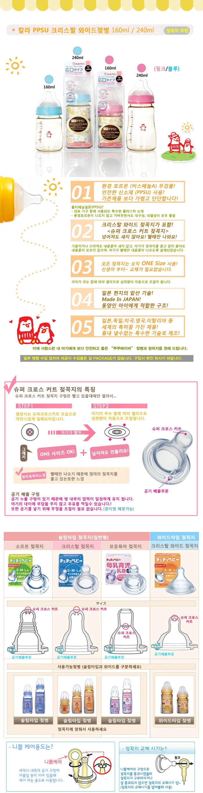 쮸쮸베이비 칼라PPSU크리스탈와이드젖병 240ml-Pink 상세1